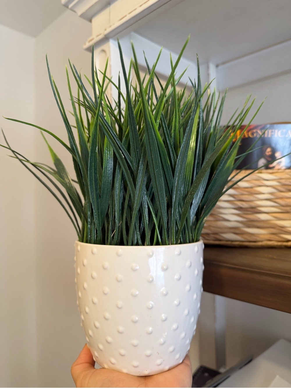White Dot Ceramic Planter with Green Artificial Grass